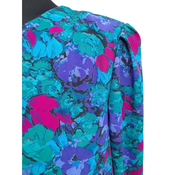 VTG 80s It's a Rich Miss Blue Pink Purple Floral Long Sleeve Blouson Dress L USA - Picture 4 of 12
